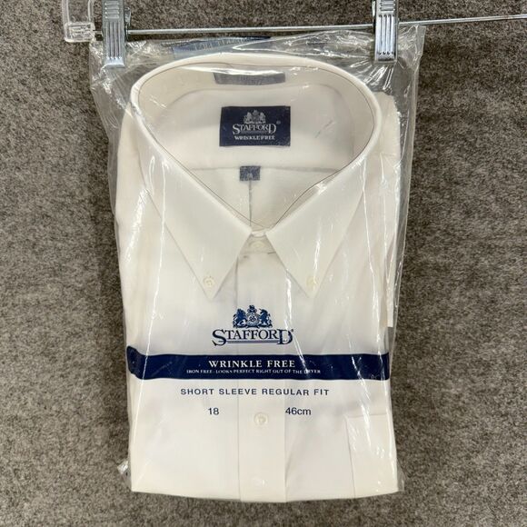 New Stafford Shirt Men 18 White Button Up Collared Wrinkle Free Short Sleeve - Picture 1 of 2